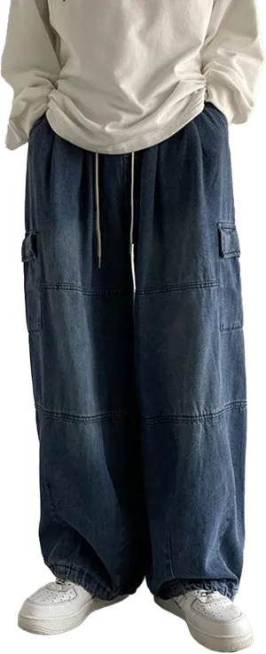 Men Vintage Baggy Jeans with Multiple Pockets Casual Hip Hop Straight Leg Jeans Fashion Cargo Distressed Loose Jean
