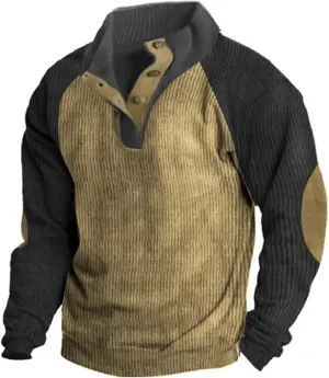Mens 1/4 Button Up Waffle Sweatshirts Casual Raglan Sleeve Lapel Collar Corduroy Pullover Sweaters Rugged Polos Shirt