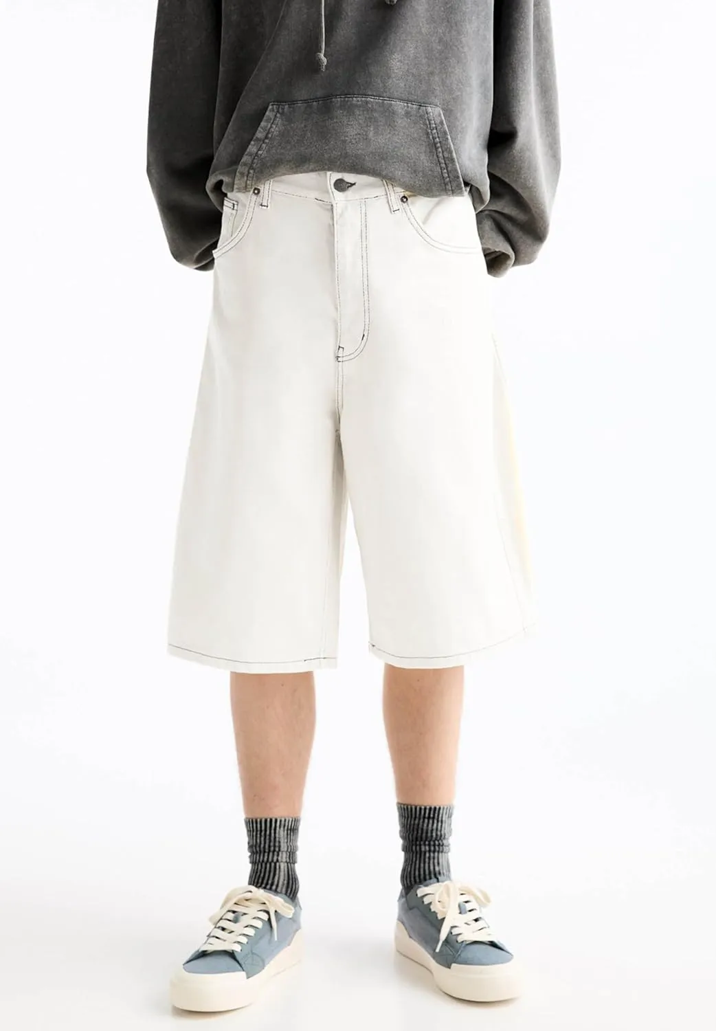 Mens Baggy Jean Shorts Loose Fit Long Skater Bermuda Denim Shorts Below Knee Hip Pop Wide Leg Jorts 90s Streetwear