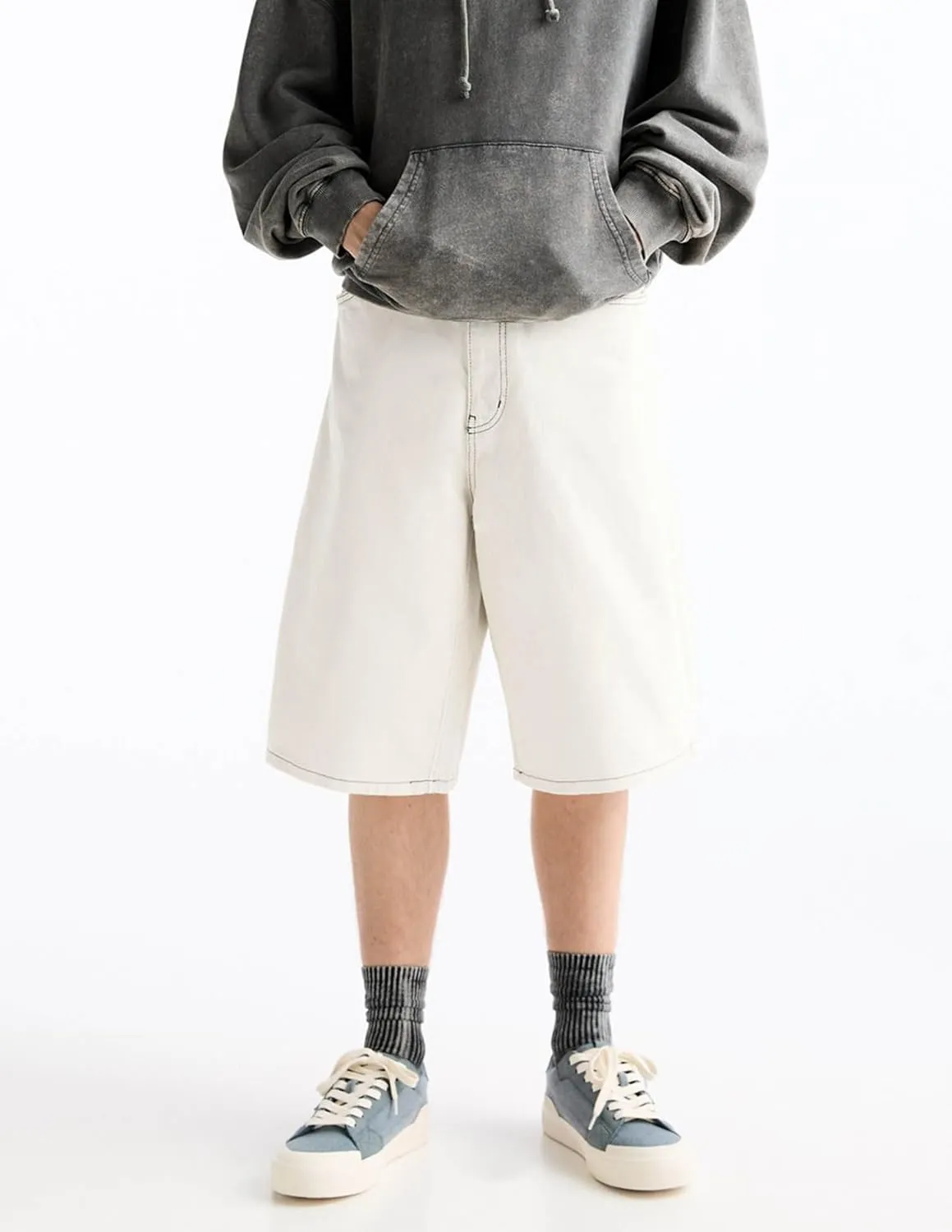 Mens Baggy Jean Shorts Loose Fit Long Skater Bermuda Denim Shorts Below Knee Hip Pop Wide Leg Jorts 90s Streetwear