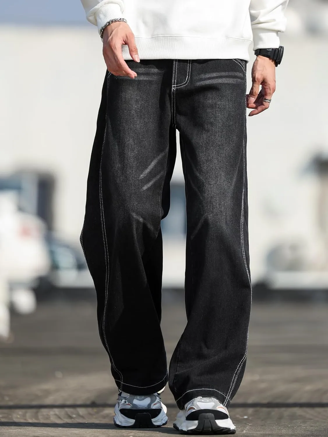 Mens Baggy Jeans Distressed Wide Leg Denim Pants Casual Loose Fit Trousers Streetwear