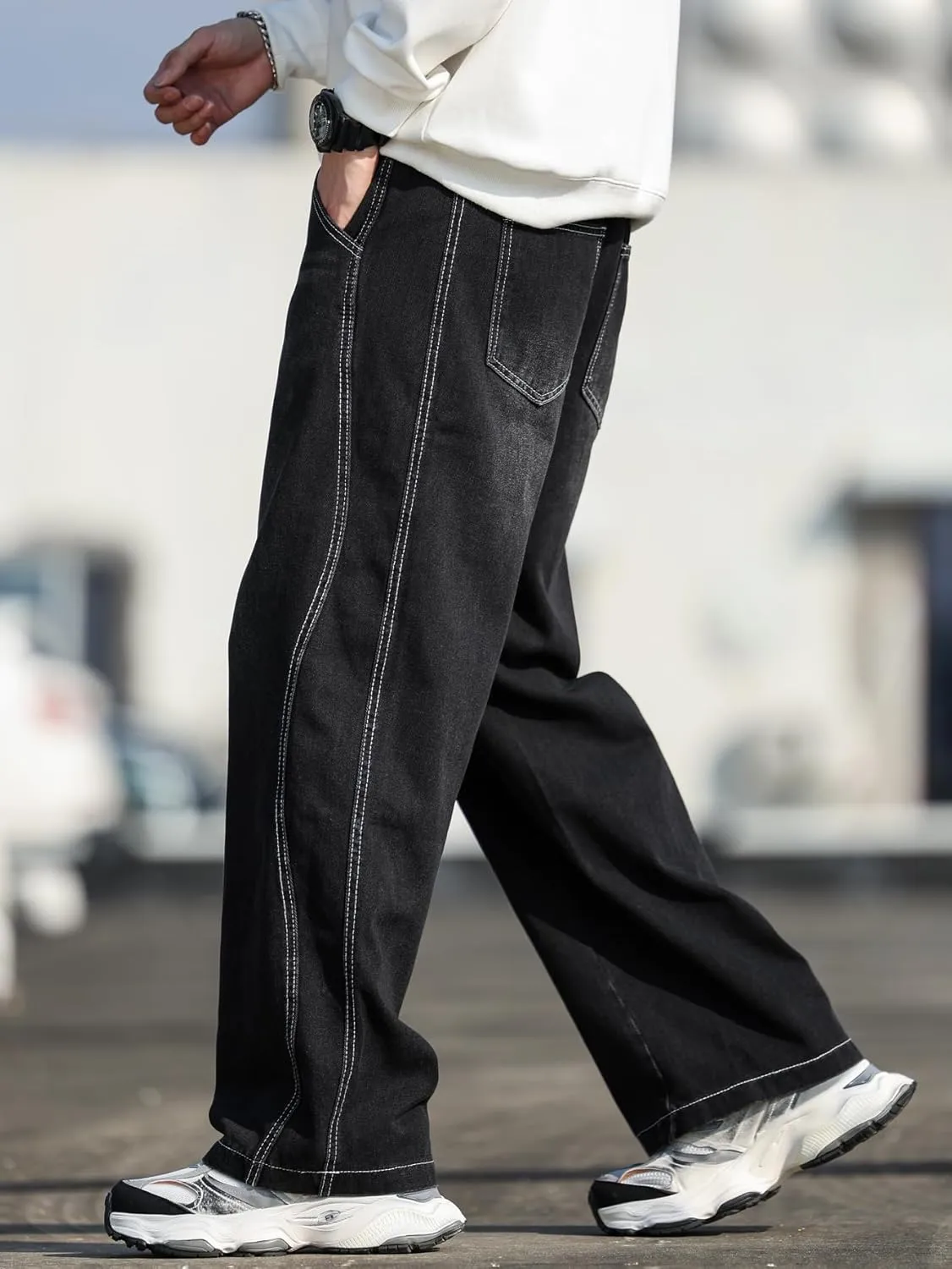 Mens Baggy Jeans Distressed Wide Leg Denim Pants Casual Loose Fit Trousers Streetwear