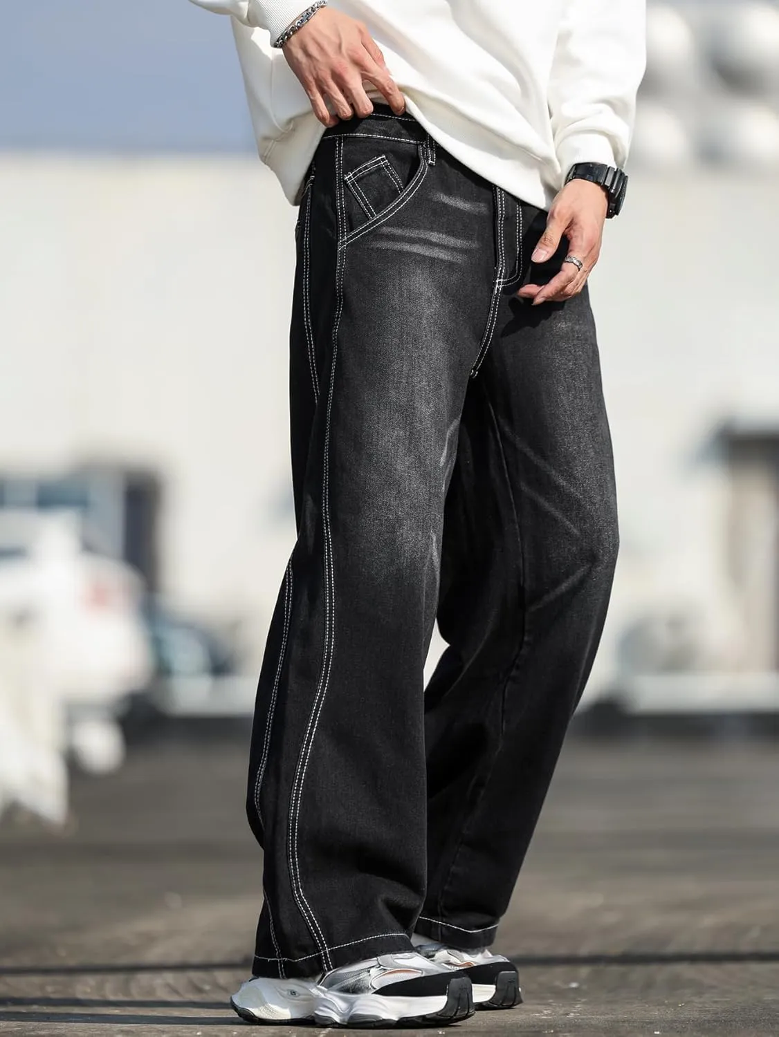 Mens Baggy Jeans Distressed Wide Leg Denim Pants Casual Loose Fit Trousers Streetwear