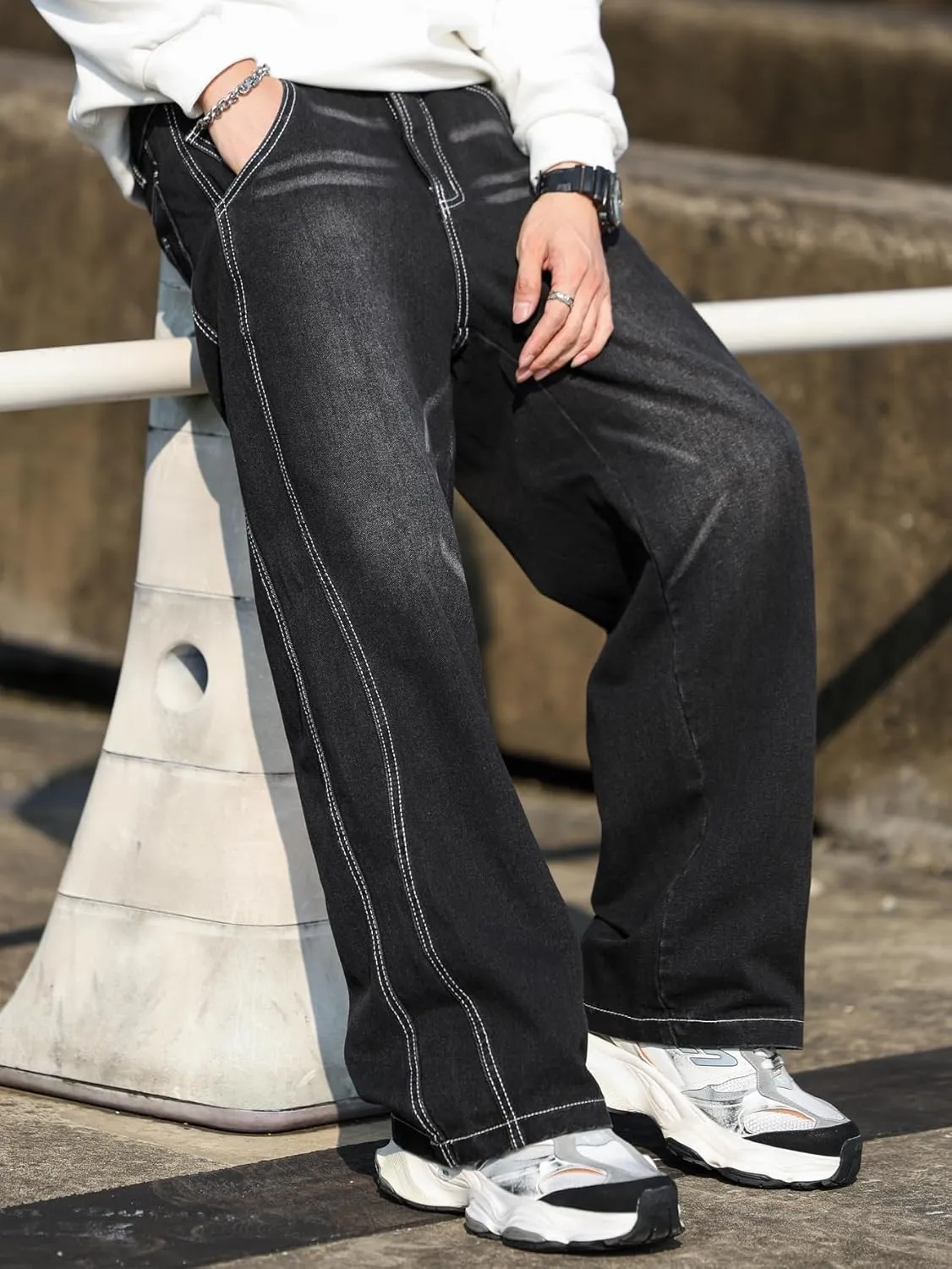 Mens Baggy Jeans Distressed Wide Leg Denim Pants Casual Loose Fit Trousers Streetwear