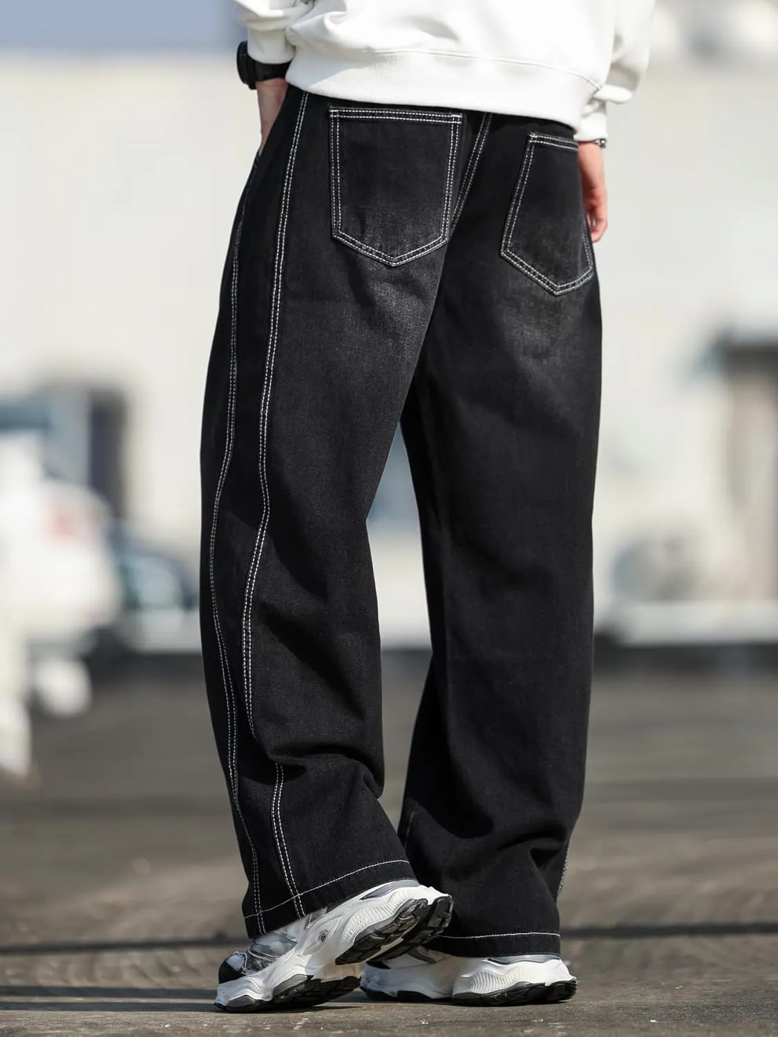 Mens Baggy Jeans Distressed Wide Leg Denim Pants Casual Loose Fit Trousers Streetwear