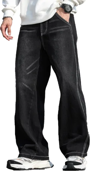 Mens Baggy Jeans Distressed Wide Leg Denim Pants Casual Loose Fit Trousers Streetwear