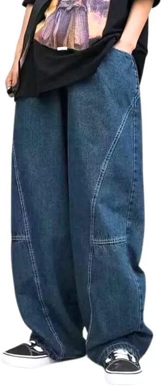 Mens Baggy Jeans Y2k Wide Leg Barrel Jeans for Women Stretchy Hip Hop Loose Denim Pants Grunge Clothes Streetwear