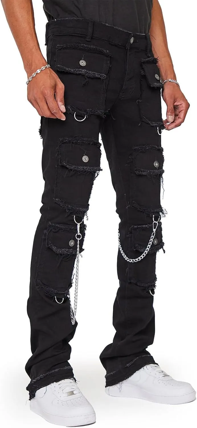 Men's Black Stacked Jeans Ripped Jeans Patch Distressed Destroyed Denim Trousers Streetwear Men Pants Daily Fit