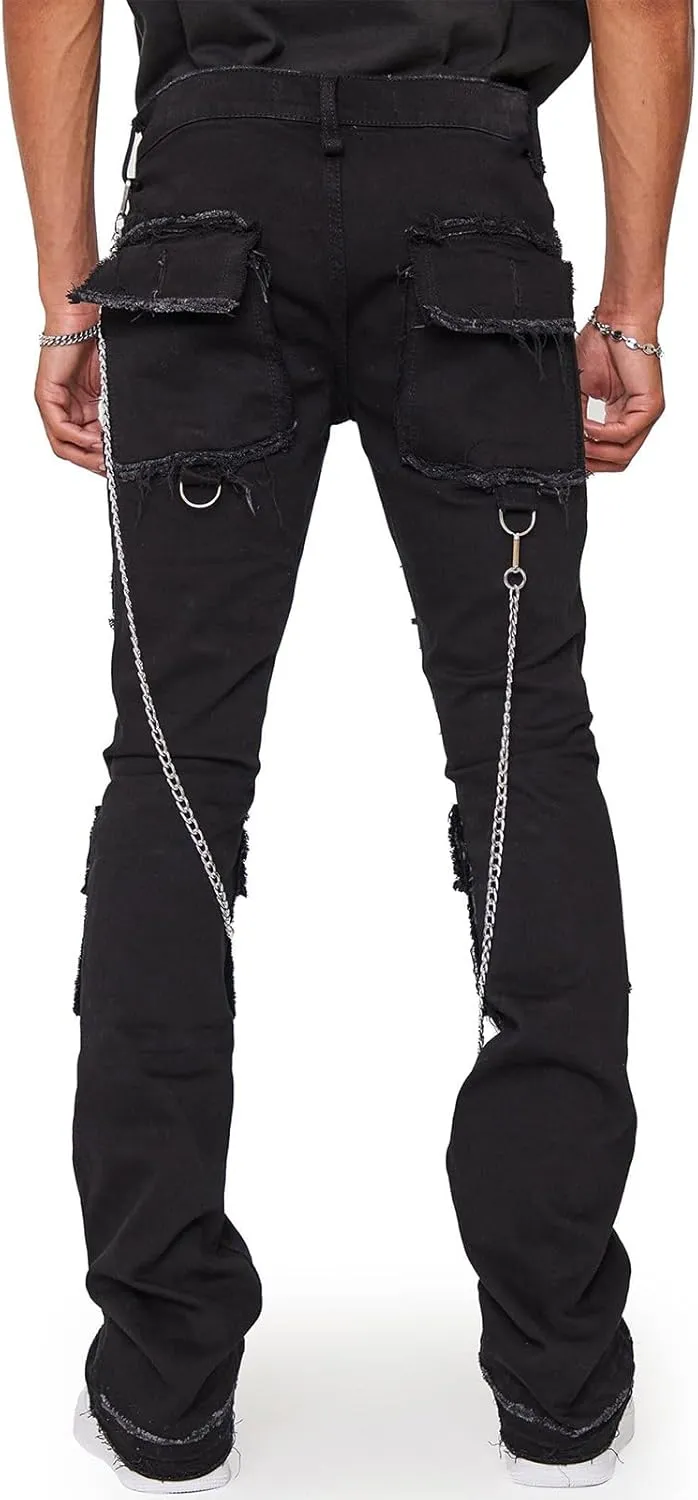 Men's Black Stacked Jeans Ripped Jeans Patch Distressed Destroyed Denim Trousers Streetwear Men Pants Daily Fit