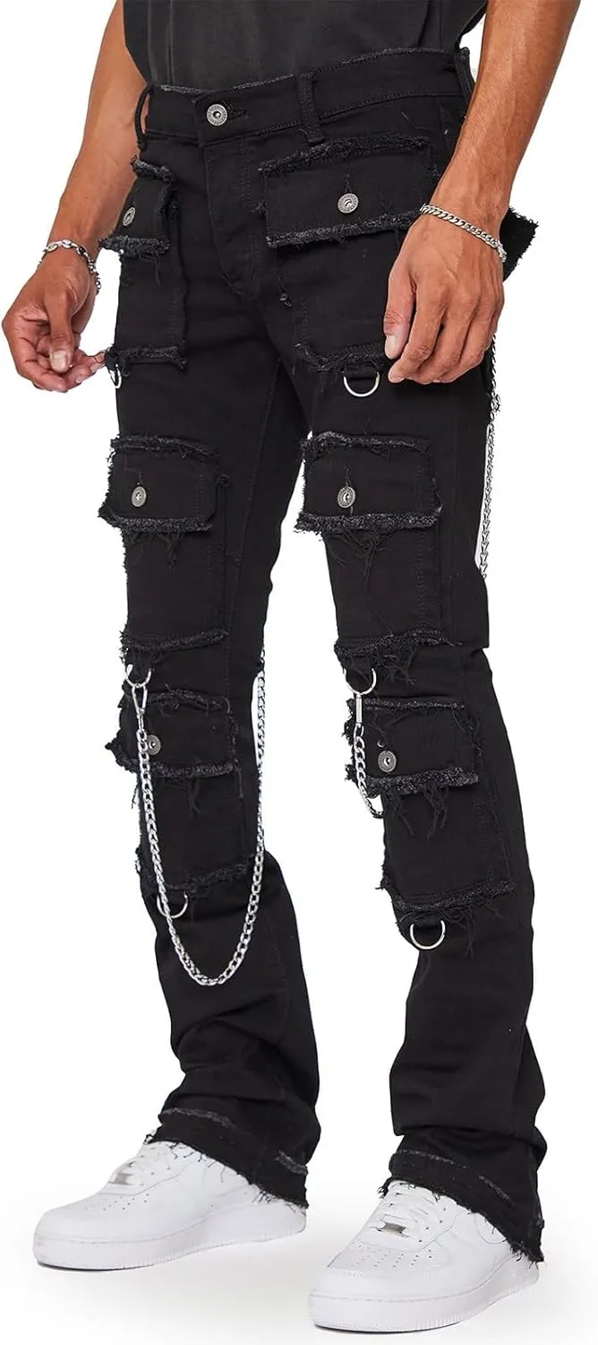 Men's Black Stacked Jeans Ripped Jeans Patch Distressed Destroyed Denim Trousers Streetwear Men Pants Daily Fit