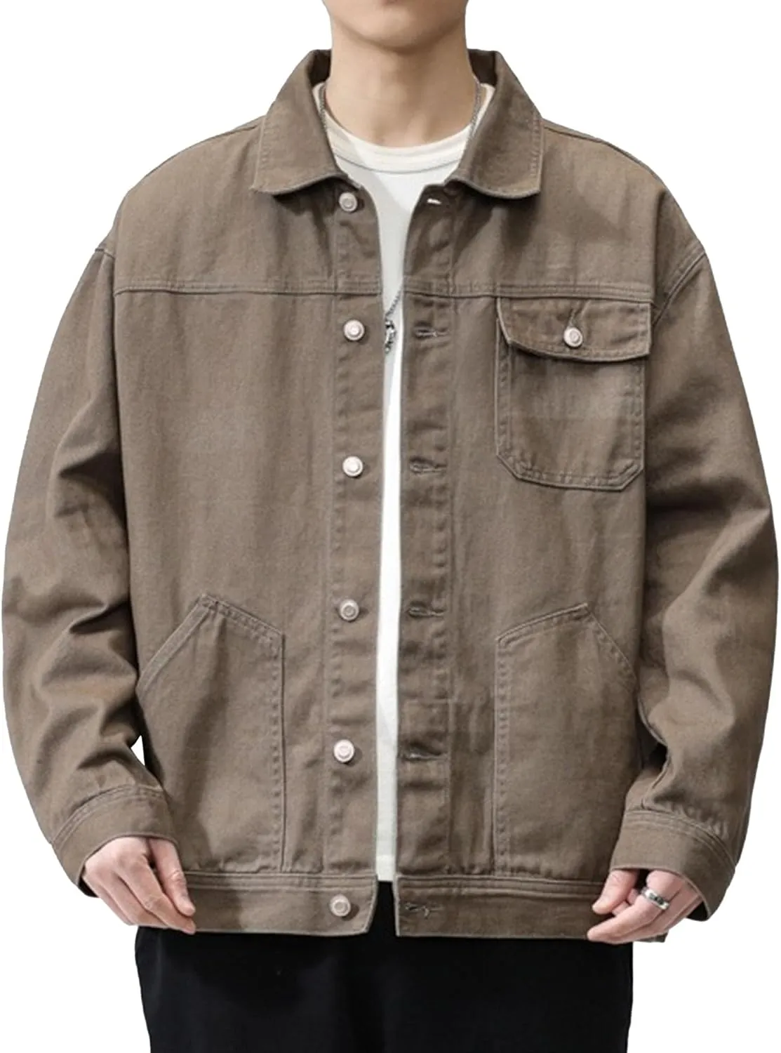 Men's Casual Regular Fit Denim Jacket Retro Loose Collar Jean Jackets Vintage Rugged Trucker Coat