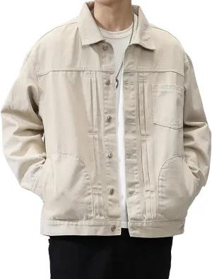 Men's Casual Regular Fit Denim Jacket Retro Loose Collar Jean Jackets Vintage Rugged Trucker Coat