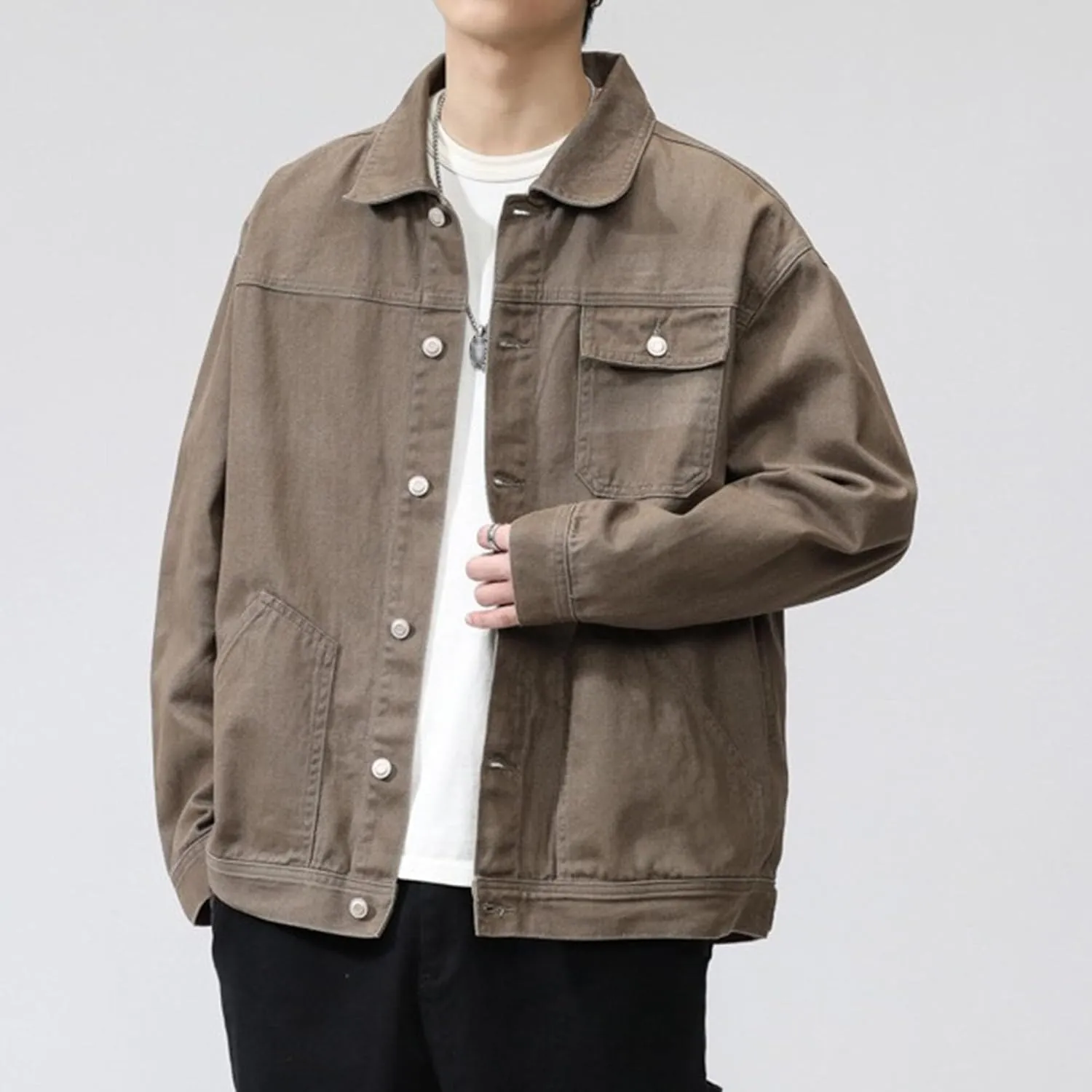 Men's Casual Regular Fit Denim Jacket Retro Loose Collar Jean Jackets Vintage Rugged Trucker Coat
