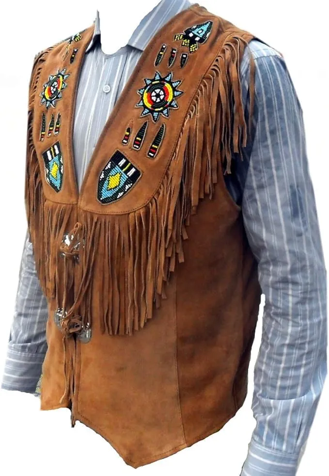 Men's Cowboy Suede Fringed Beaded Vest, Native American Western Style
