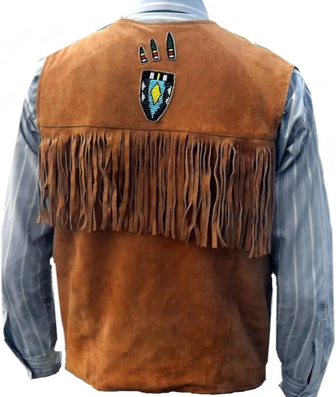 Men's Cowboy Suede Fringed Beaded Vest, Native American Western Style