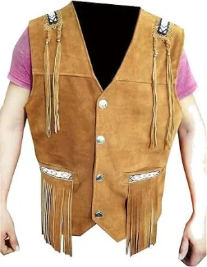 Men's Cowboy Suede Fringed Beaded Vest, Native American Western Style