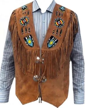 Men's Cowboy Suede Fringed Beaded Vest, Native American Western Style