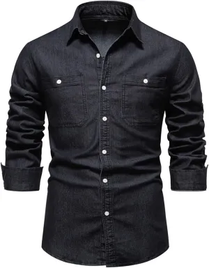 Men's Denim Shirt Long Sleeve Button Down Shirts with Pockets Regular Fit Lapel Jean Shirts Work Shirts for Men