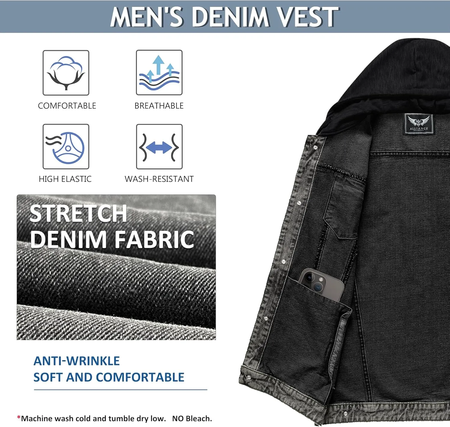Men's Denim Vest Casual Button Stretchy Distressed Jean Sleeveless Jacket with Hood