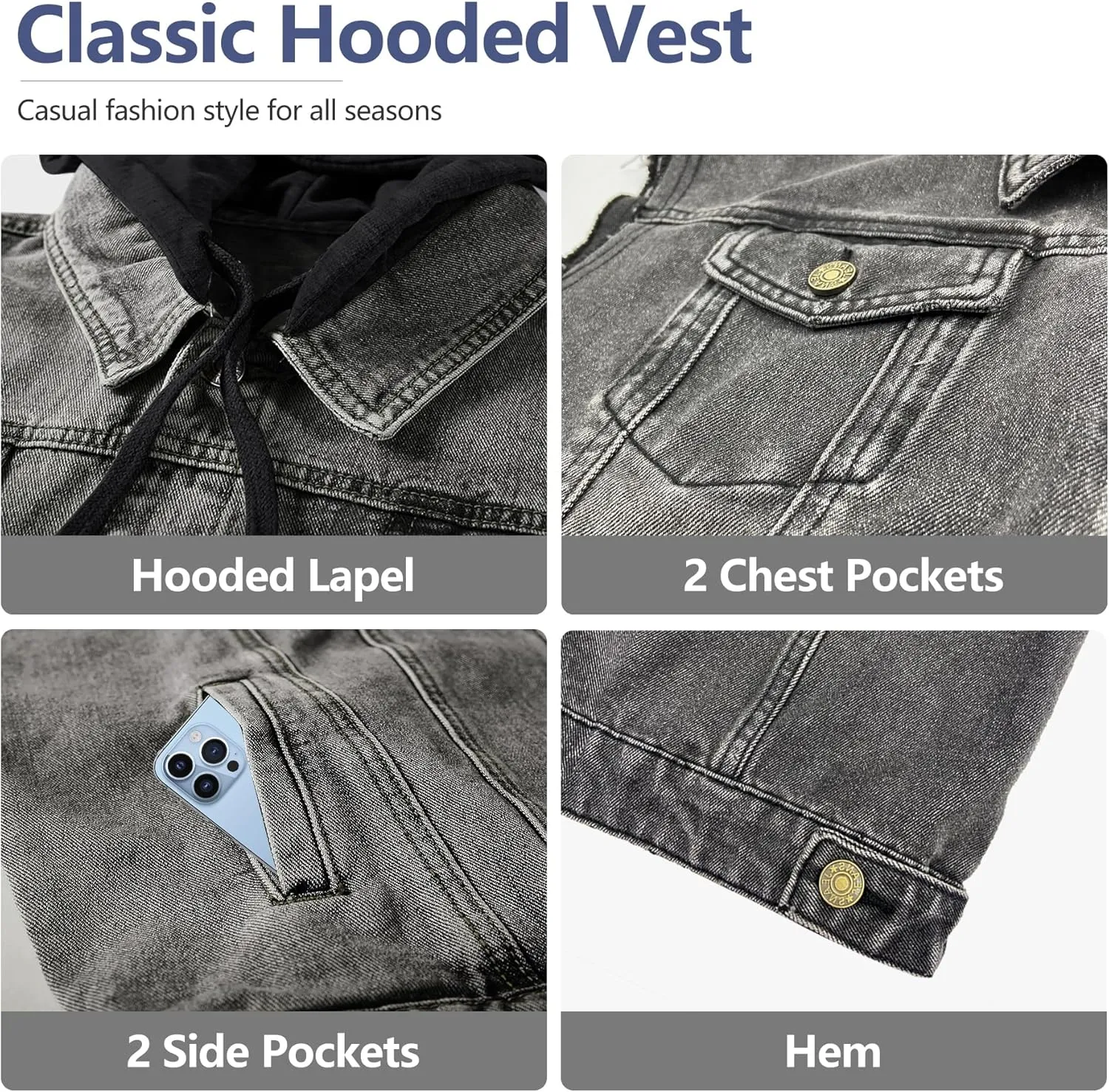 Men's Denim Vest Casual Button Stretchy Distressed Jean Sleeveless Jacket with Hood