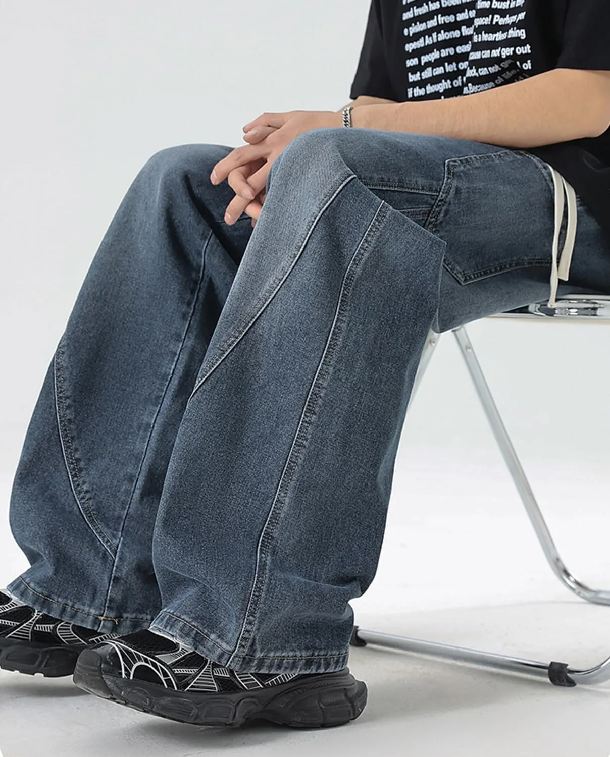 Men's Elastic Waist Baggy Jeans Y2K Wide Leg Loose Fit Denim Pants Hip Hop Skater Jeans with Multiple Pockets
