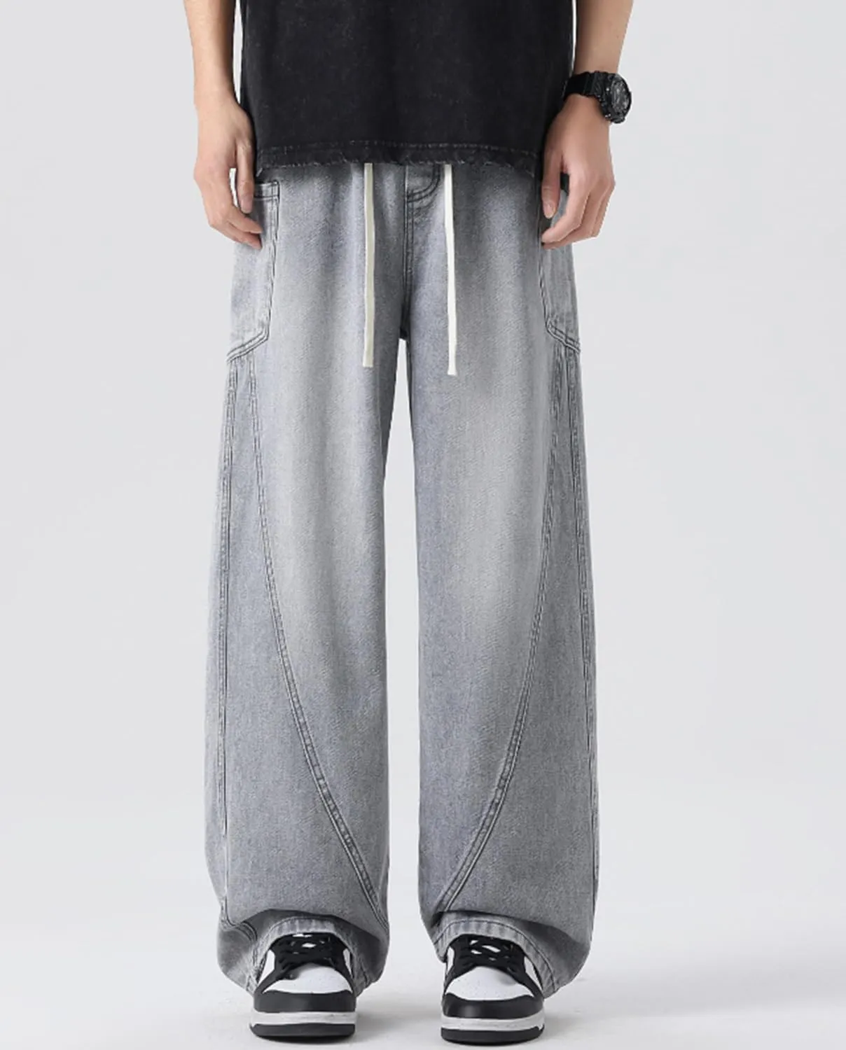 Men's Elastic Waist Baggy Jeans Y2K Wide Leg Loose Fit Denim Pants Hip Hop Skater Jeans with Multiple Pockets