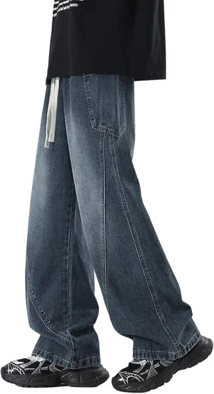 Men's Elastic Waist Baggy Jeans Y2K Wide Leg Loose Fit Denim Pants Hip Hop Skater Jeans with Multiple Pockets