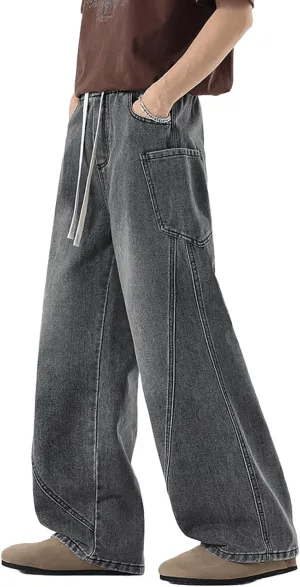 Men's Elastic Waist Baggy Jeans Y2K Wide Leg Loose Fit Denim Pants Hip Hop Skater Jeans with Multiple Pockets