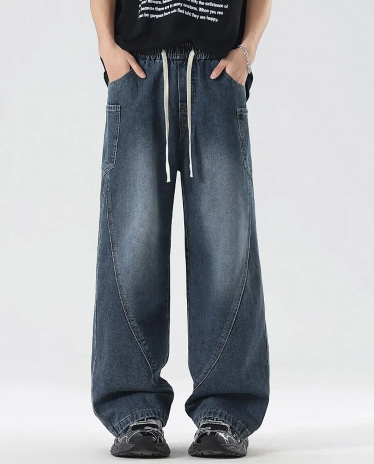 Men's Elastic Waist Baggy Jeans Y2K Wide Leg Loose Fit Denim Pants Hip Hop Skater Jeans with Multiple Pockets