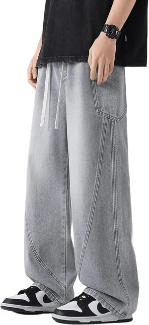 Men's Elastic Waist Baggy Jeans Y2K Wide Leg Loose Fit Denim Pants Hip Hop Skater Jeans with Multiple Pockets