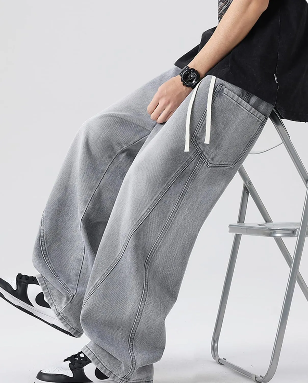 Men's Elastic Waist Baggy Jeans Y2K Wide Leg Loose Fit Denim Pants Hip Hop Skater Jeans with Multiple Pockets
