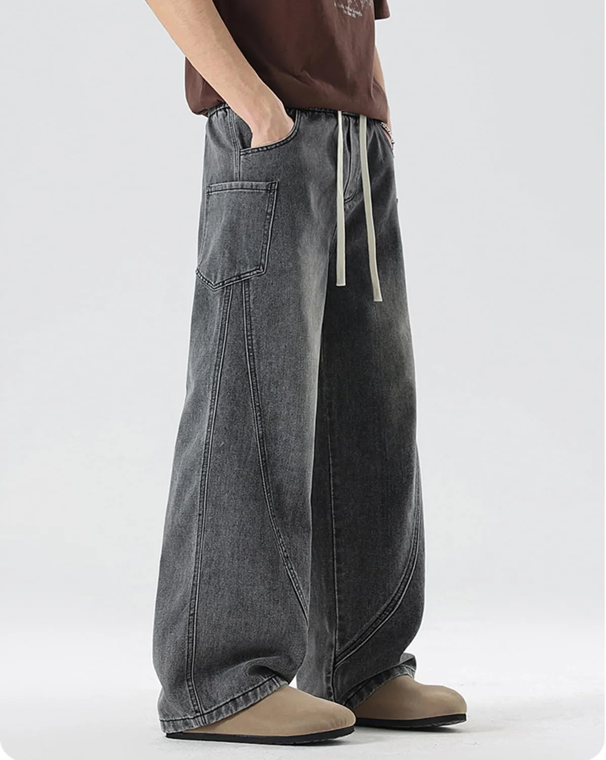 Men's Elastic Waist Baggy Jeans Y2K Wide Leg Loose Fit Denim Pants Hip Hop Skater Jeans with Multiple Pockets