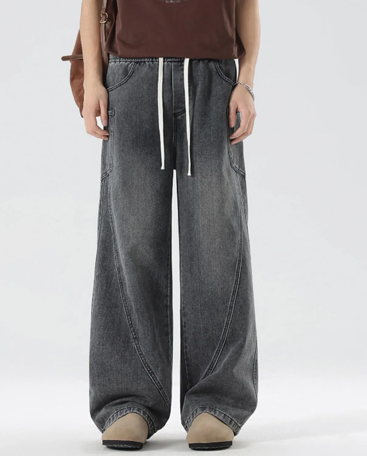 Men's Elastic Waist Baggy Jeans Y2K Wide Leg Loose Fit Denim Pants Hip Hop Skater Jeans with Multiple Pockets