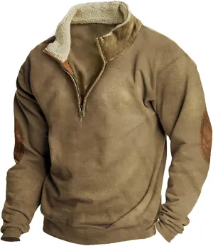 Mens Fleece Rugged Sweatshirts Stand Collar Quarter Zip Pullover Long Sleeve Elbow Patches Vintage Work Jackets