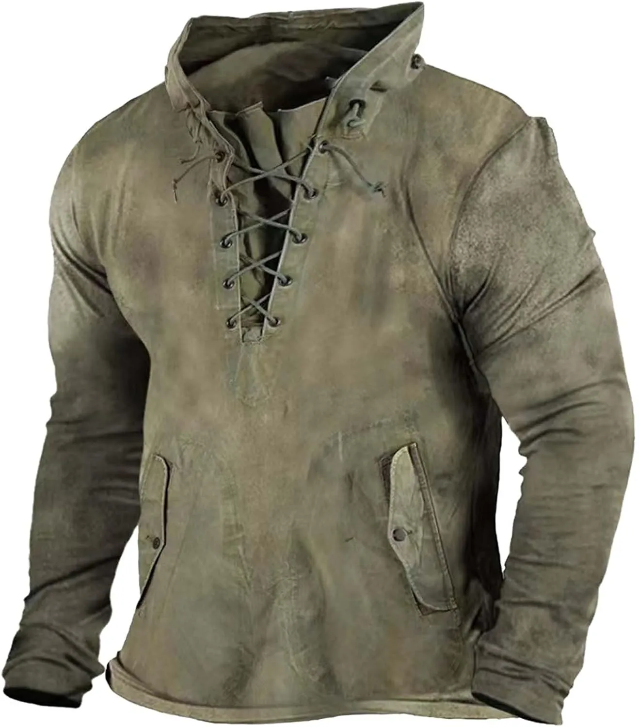 Men's Lace Up Distressed Hoodie Washed Distressed Work Military Tactical Pollover Tops Outdoor Sport Sweatshirt with Pockets