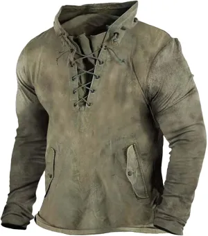 Men's Lace Up Distressed Hoodie Washed Distressed Work Military Tactical Pollover Tops Outdoor Sport Sweatshirt with Pockets