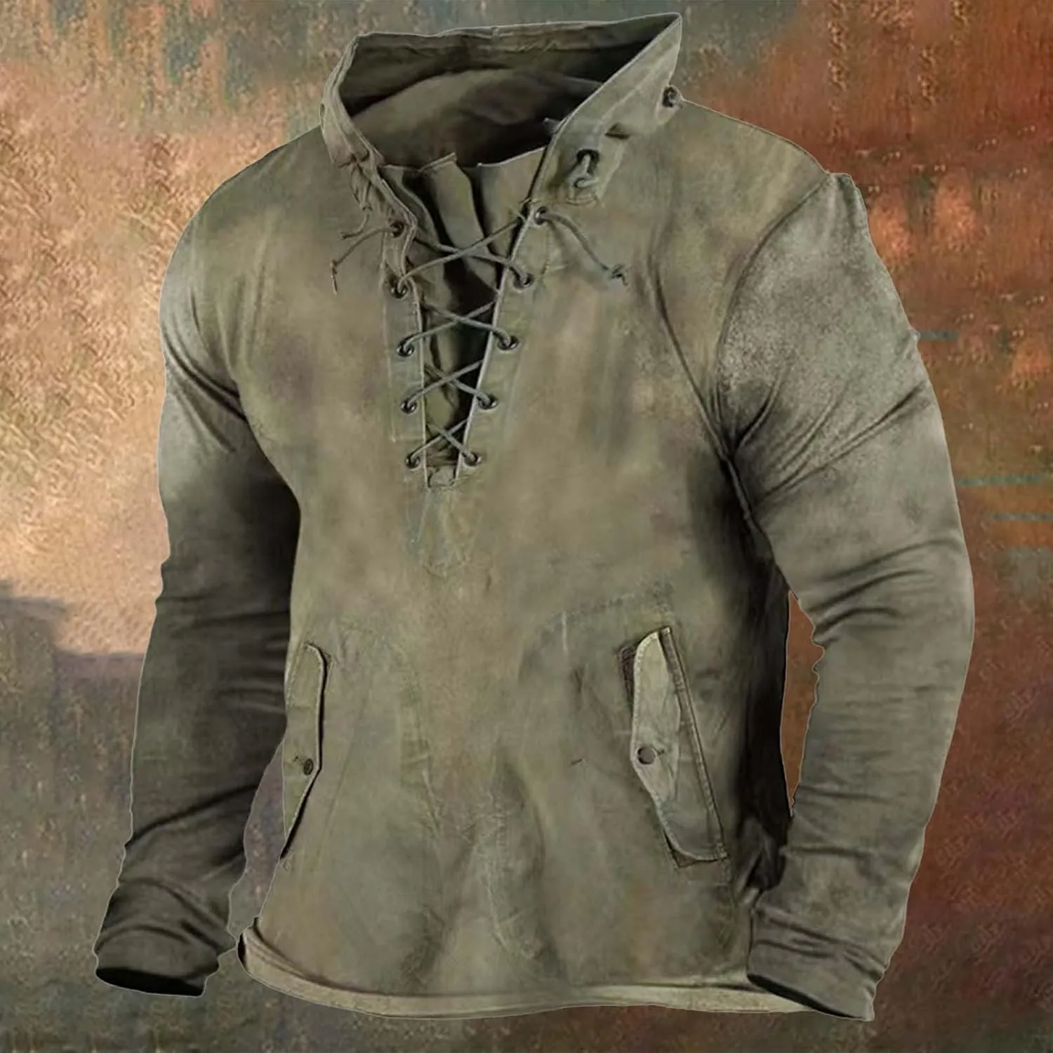 Men's Lace Up Distressed Hoodie Washed Distressed Work Military Tactical Pollover Tops Outdoor Sport Sweatshirt with Pockets