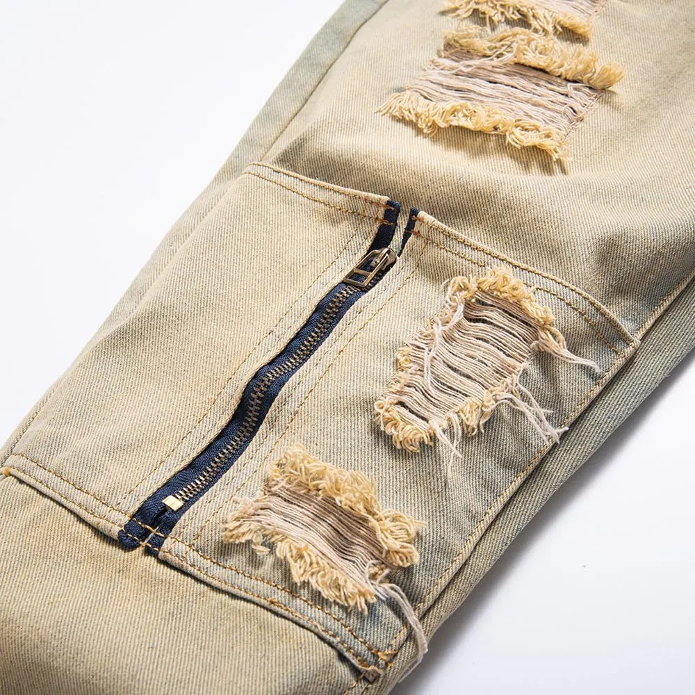 Men's Ripped Destroyed Straight Slim Fit Jeans Cargo Denim Pants Fashion Jean