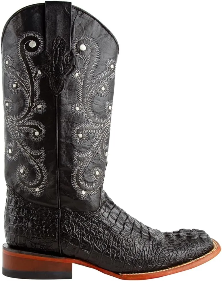 Mens Stampede Crocodile Embroidered Square Toe Casual Boots Mid Calf - Black