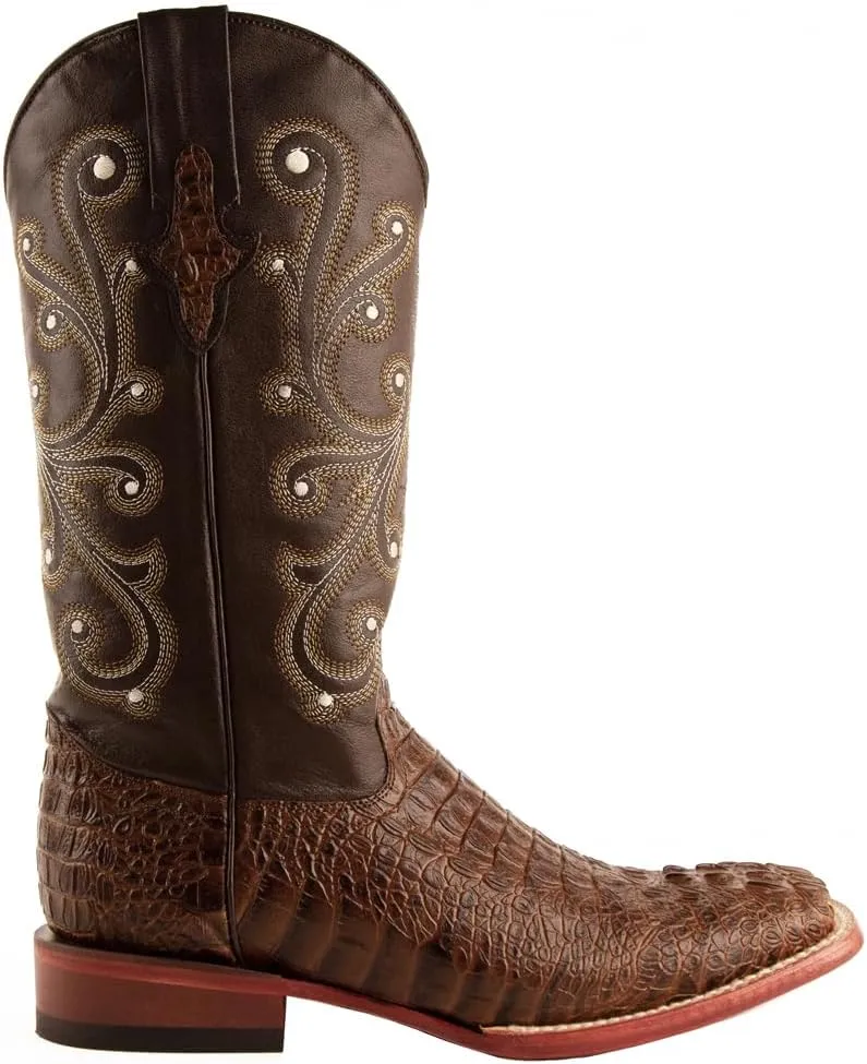 Mens Stampede Crocodile Embroidered Square Toe Casual Boots Mid Calf - Black