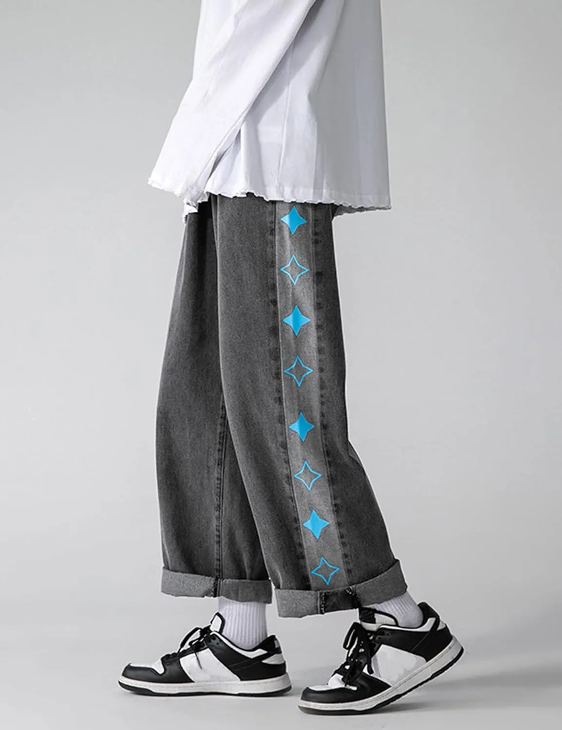 Men's Street Hip Hop Loose Straight Distressed Ripped Patchwork Skateboard Denim Jeans Pants