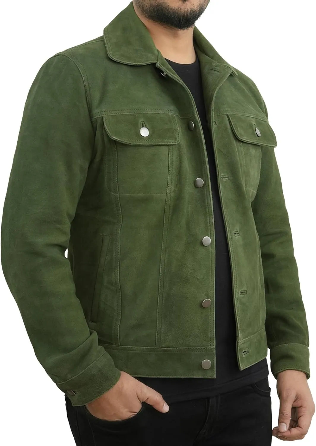 Men's Suede Leather Jacket | Genuine Suede Leather Trucker Jacket Shirt Collar Slim Fit Denim Style