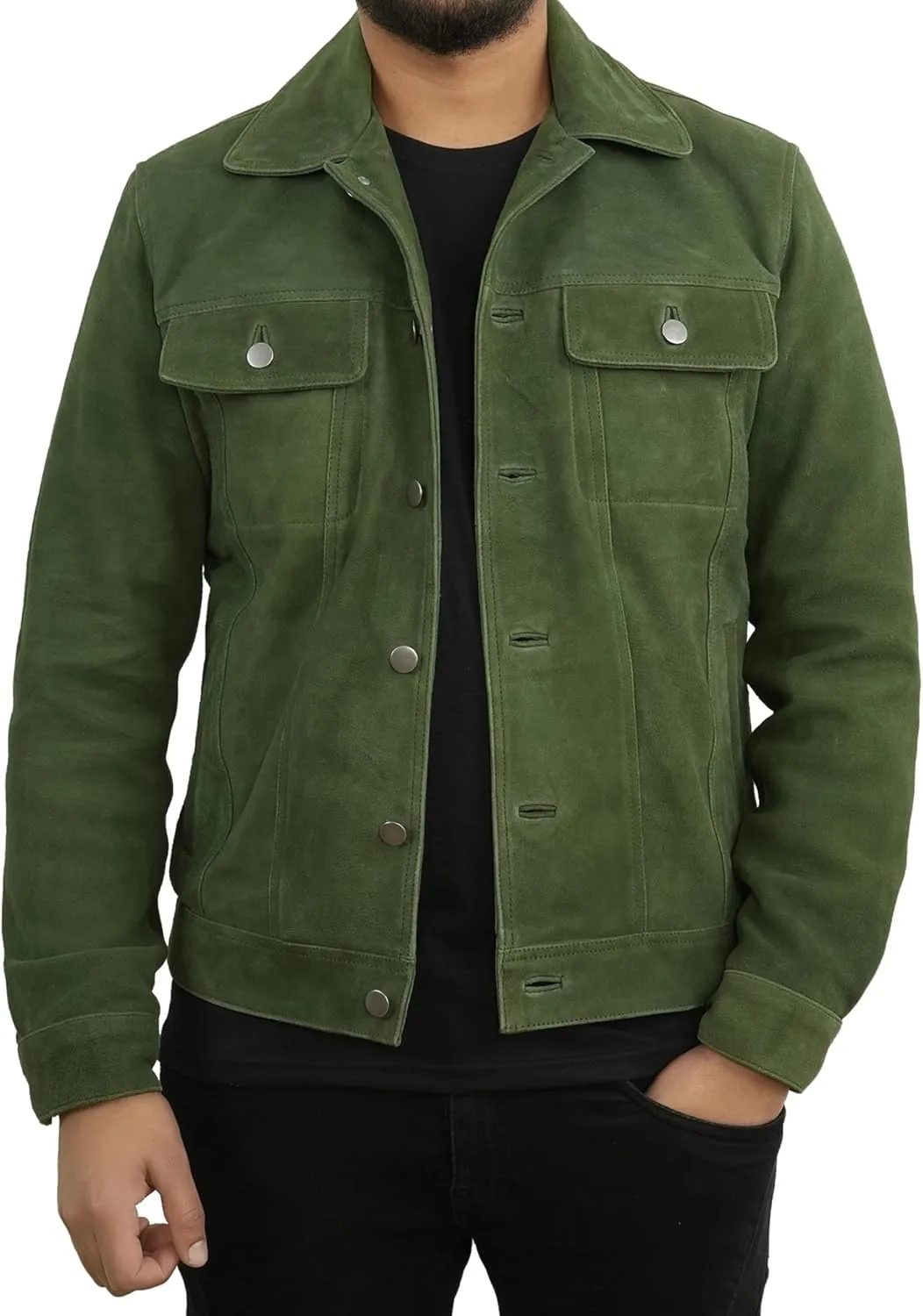 Men's Suede Leather Jacket | Genuine Suede Leather Trucker Jacket Shirt Collar Slim Fit Denim Style