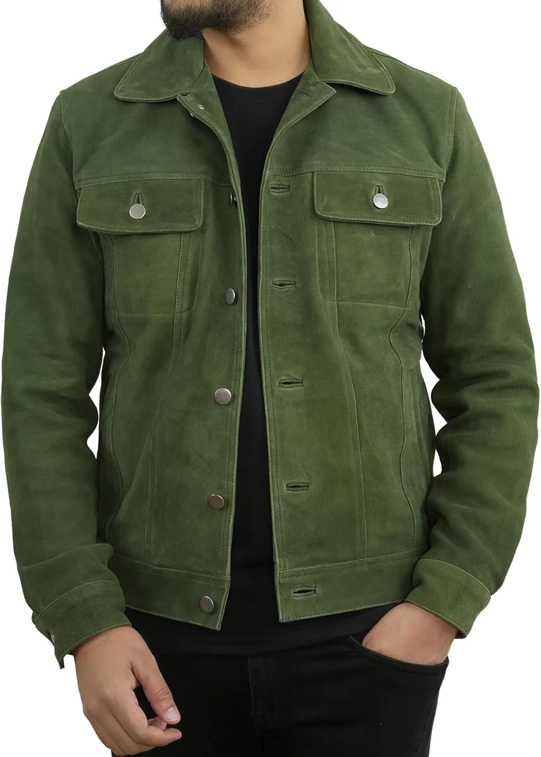 Men's Suede Leather Jacket | Genuine Suede Leather Trucker Jacket Shirt Collar Slim Fit Denim Style