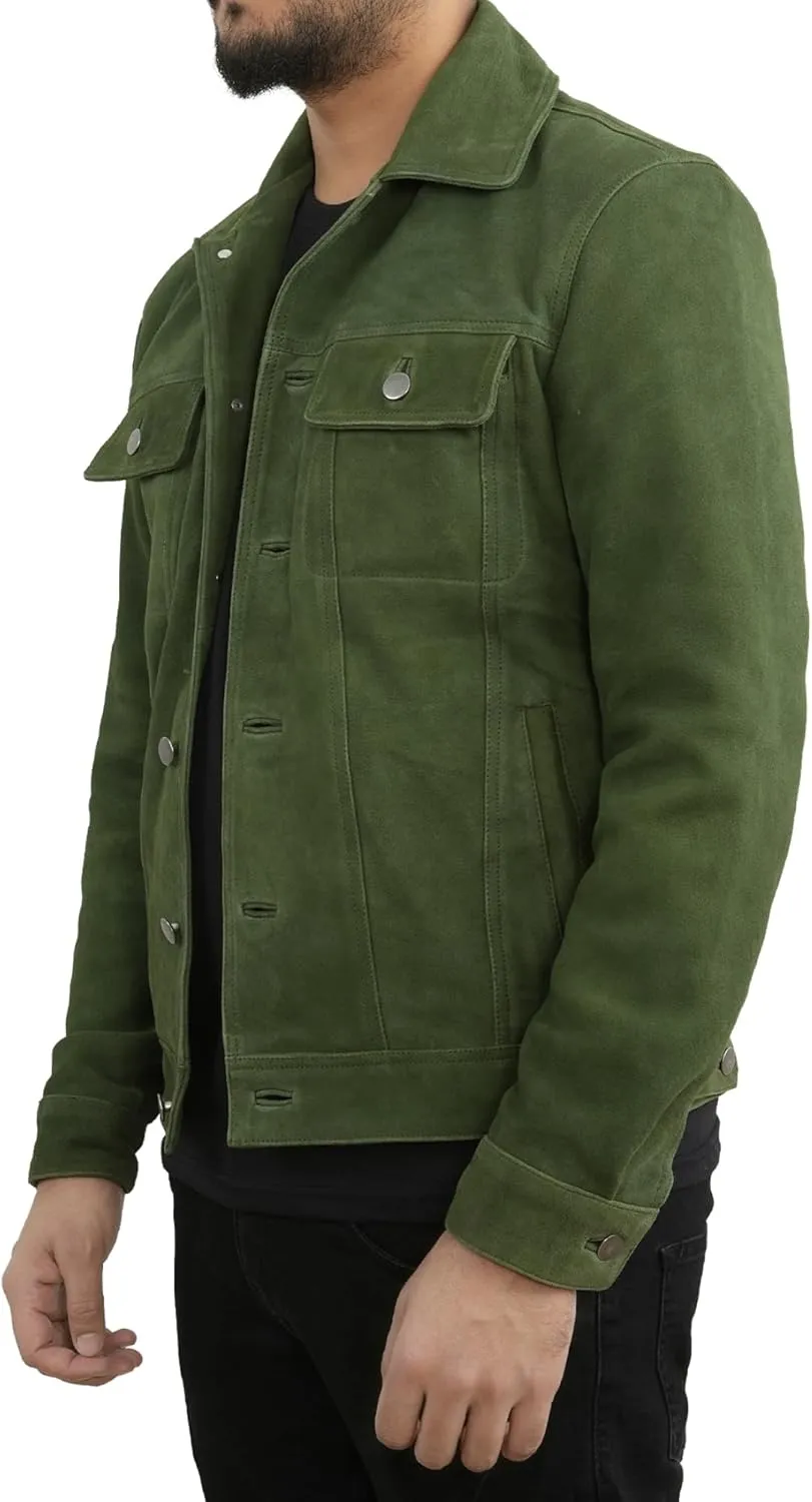 Men's Suede Leather Jacket | Genuine Suede Leather Trucker Jacket Shirt Collar Slim Fit Denim Style
