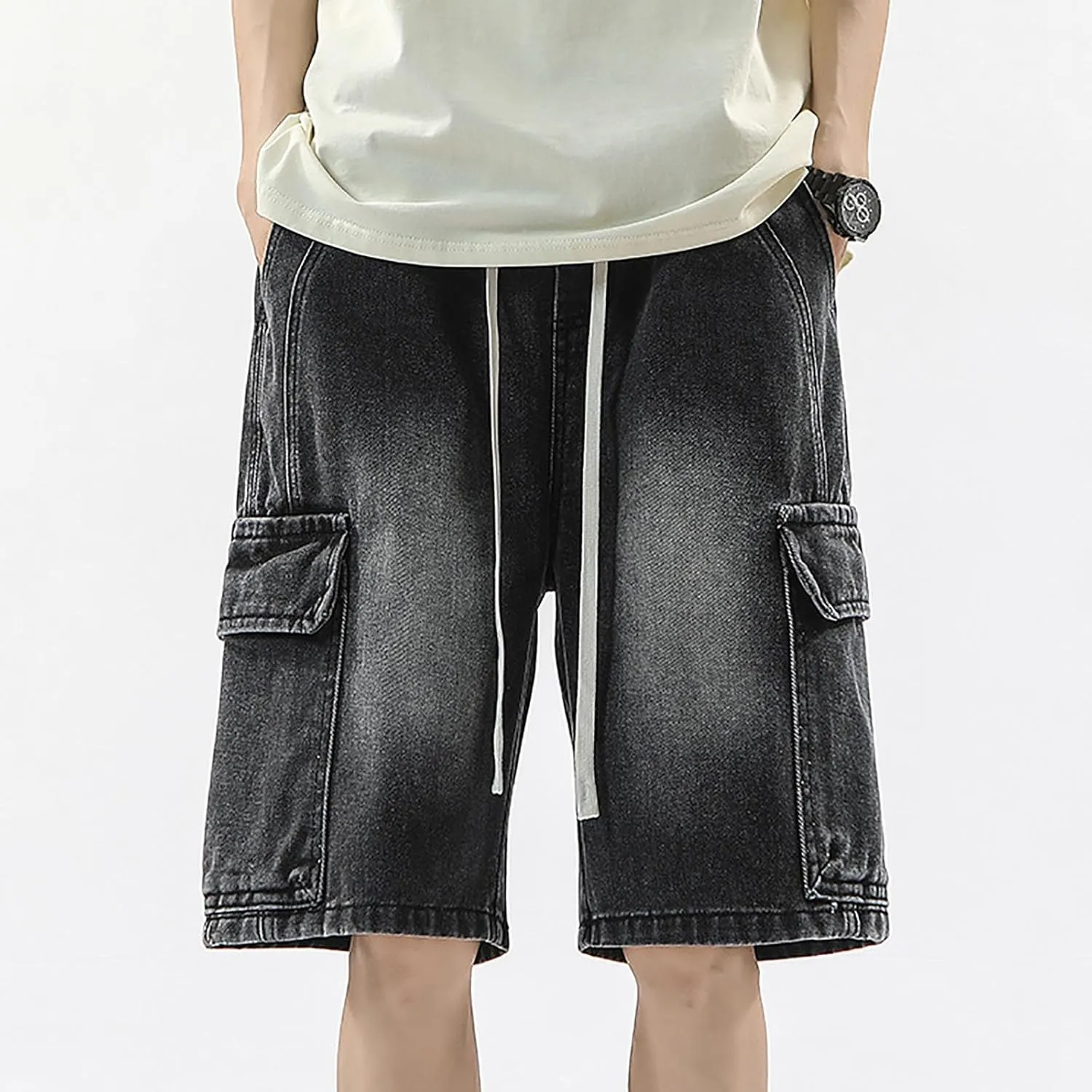 Men's Wide Leg Y2K Hip Hop Mid Jean Shorts Work Denim Shorts with Pockets Casual Summer Trendy Outfits