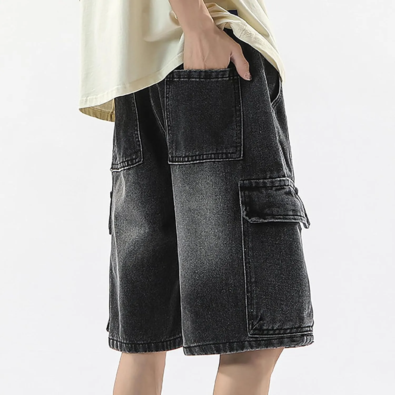 Men's Wide Leg Y2K Hip Hop Mid Jean Shorts Work Denim Shorts with Pockets Casual Summer Trendy Outfits