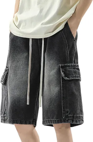Men's Wide Leg Y2K Hip Hop Mid Jean Shorts Work Denim Shorts with Pockets Casual Summer Trendy Outfits