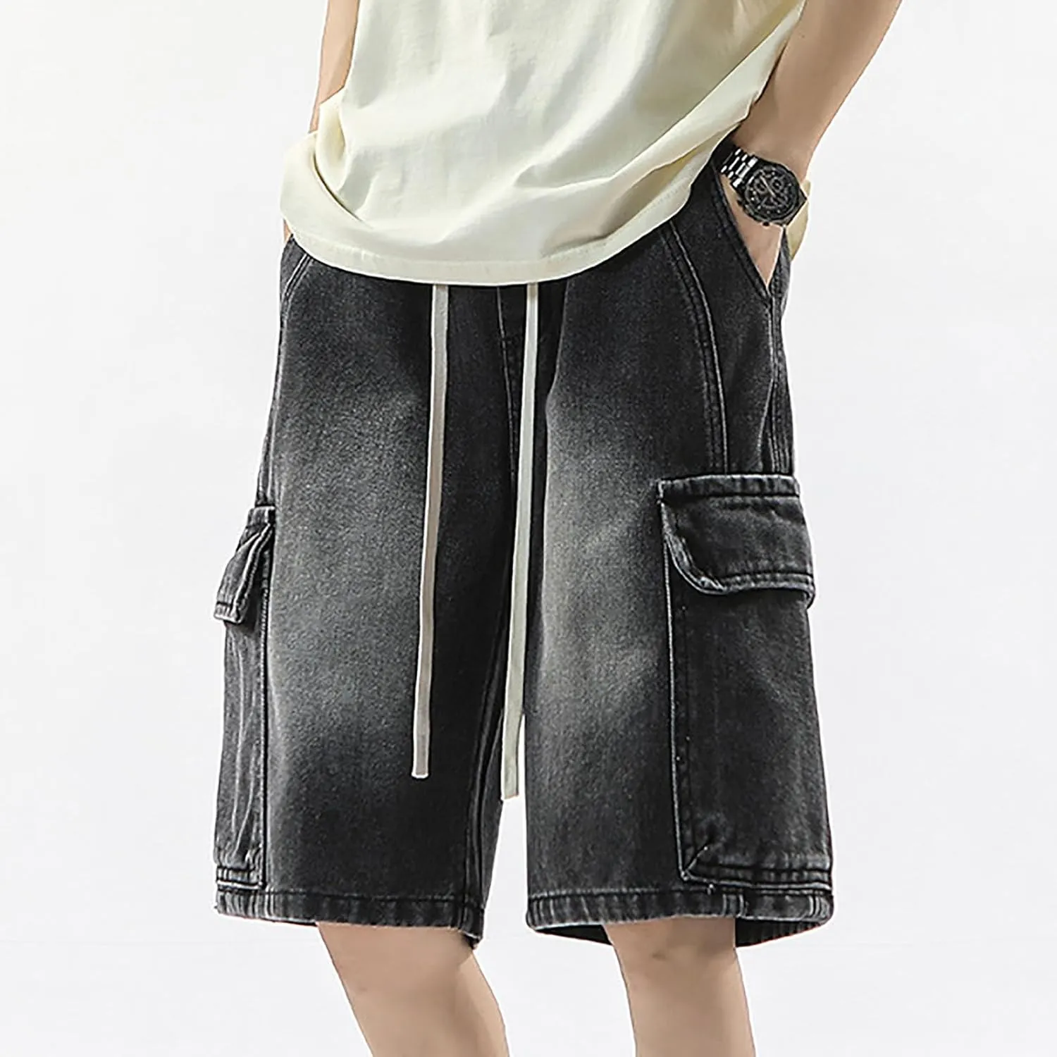 Men's Wide Leg Y2K Hip Hop Mid Jean Shorts Work Denim Shorts with Pockets Casual Summer Trendy Outfits
