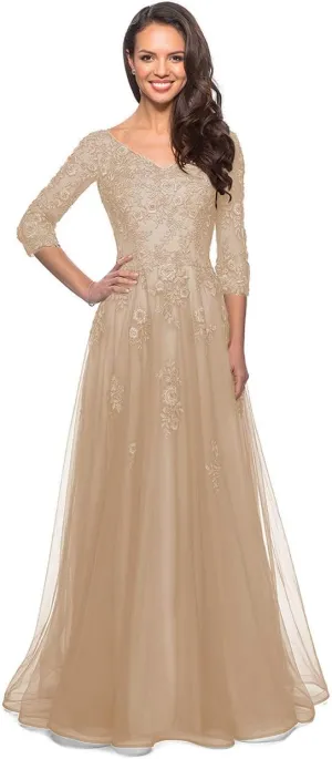 Miao Duo Women's Floral Lace Appliques 3/4 Sleeve Mother of The Bride Dresses Long V Neck Formal Dresses with Pockets YZTS028